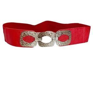 Vintage red pinup belt cinch elasticized wide stretchy silver hardware 28”-36”
